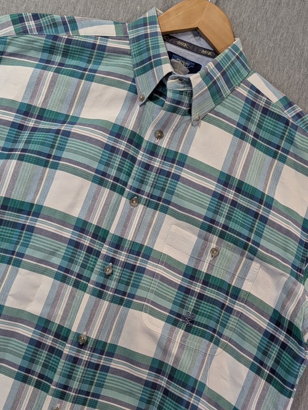 Wrangler 20X Western Plaid Shirt Men's XL Green White Blue Short Sleeve